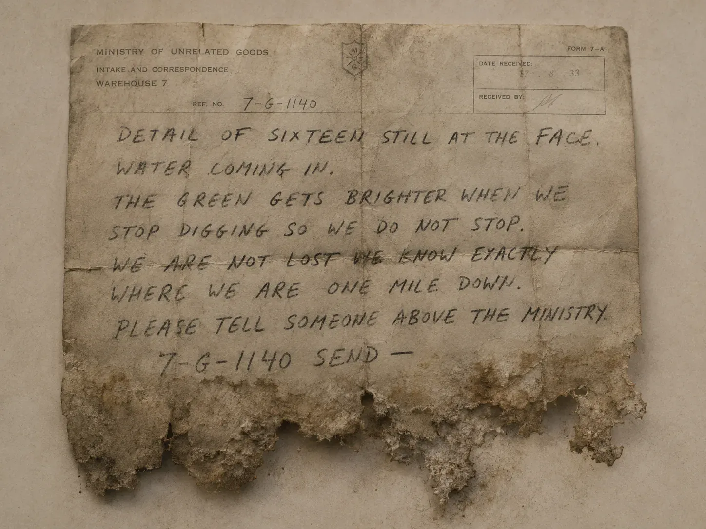 Object 96: Note, Recovered From Depth