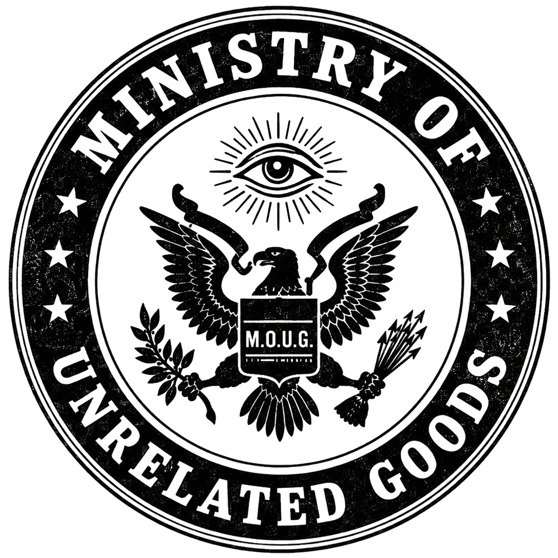 Great seal of the Ministry of Unrelated Goods; an eagle beneath an all-seeing eye, ringed by the Ministry name